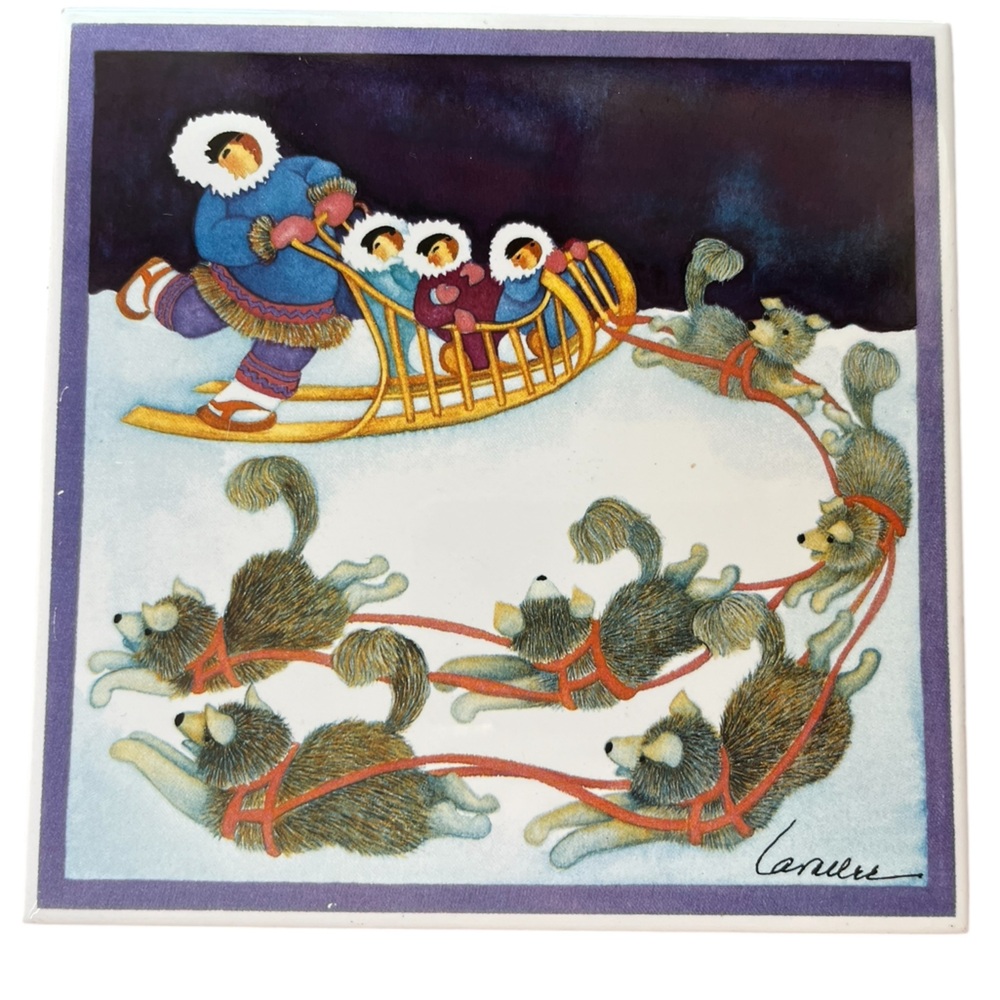 Barbara Lavallee Ceramic‎ Tile Eskimo Husky Dog Sled Winter 5.75"x5.75"